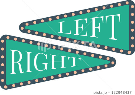 Vintage circus themed directional signs displaying Left and Right in bold white letters on green backgrounds, bordered by a series of retro style light bulbs 122948437