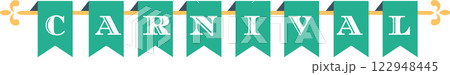 Colorful carnival banner showcasing the word CARNIVAL in bold letters on green flags, adorned with decorative elements. Perfect for promoting festivals, fairs, and circus events 122948445