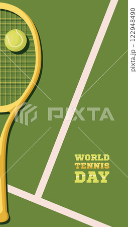 World Tennis Day.Tennis championship or tournament poster design.Rackets and ball isolated on green background.Templates for banner,web,social, greeting card.World sports celebration 122948490