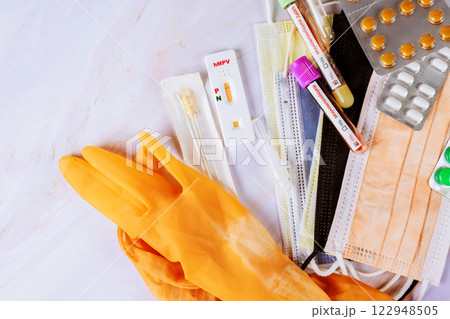 Medical testing kits of Human Metapneumovirus hMPV for health assessments, emphasizing safety precision. Medical testing kits of Human Metapneumovirus hMPV for health assessments, emphasizing safety precision. 122948505