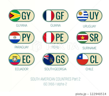 Set of vector illustrations of ISO 3166 1 alpha 2 and flags of SOUTH AMERICAN COUNTRIES . Part 2. 122948514
