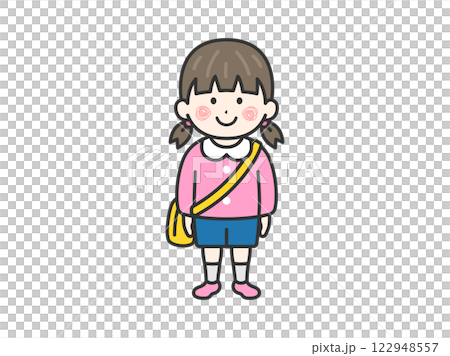 Illustration of a girl (line drawing) wearing a kindergarten uniform 122948557