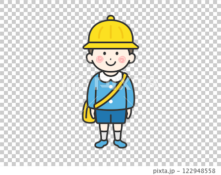 Illustration of a boy (line drawing) wearing a kindergarten uniform and hat Illustration of a boy (line drawing) wearing a kindergarten uniform and hat 122948558