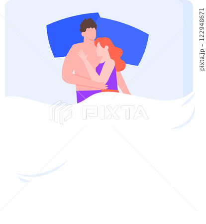 Romantic couple cuddling and sleeping peacefully in bed under a cozy blanket, dreaming together in matching pajamas, creating a serene atmosphere of love and intimacy Romantic couple cuddling and sleeping peacefully in bed under a cozy blanket, dreaming together in matching pajamas, creating a serene atmosphere of love and intimacy 122948671