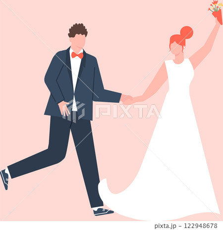 Groom and bride running hand in hand, she s holding a bouquet and wearing a white dress, he s wearing an elegant suit, they re celebrating their wedding Groom and bride running hand in hand, she s holding a bouquet and wearing a white dress, he s wearing an elegant suit, they re celebrating their wedding 122948678
