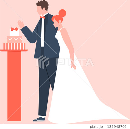 Newlyweds gazing at their beautifully decorated wedding cake placed on a pedestal, celebrating their love and commitment during a joyful ceremony filled with happiness and togetherness Newlyweds gazing at their beautifully decorated wedding cake placed on a pedestal, celebrating their love and commitment during a joyful ceremony filled with happiness and togetherness 122948703
