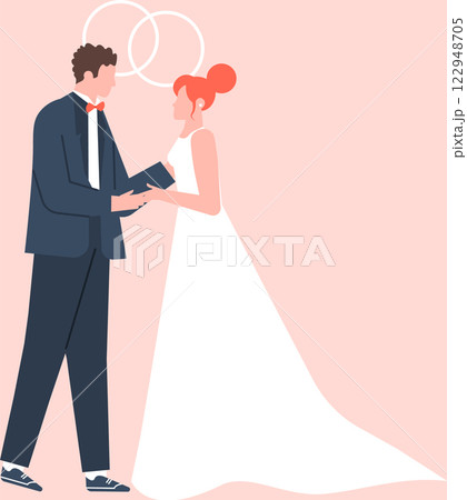Groom and bride exchanging vows during their wedding ceremony, celebrating their love and commitment on their special day, creating a romantic atmosphere 122948705