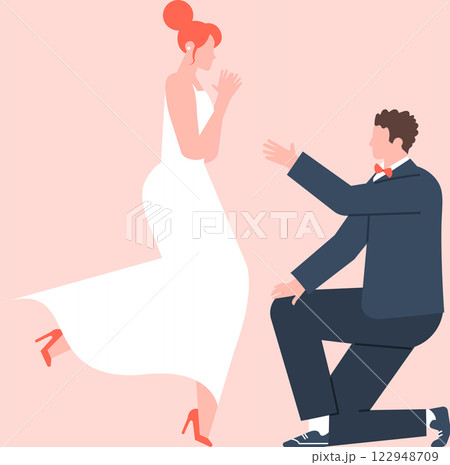 Romantic stylized illustration of a groom in elegant suit kneeling and asking to marry his excited bride in a white wedding dress, celebrating their engagement 122948709