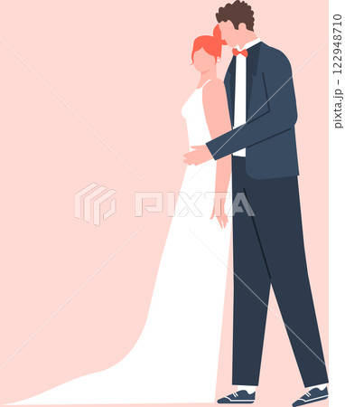 Groom in elegant suit embracing bride in white wedding dress, celebrating their love and commitment during marriage ceremony, minimalist vector illustration with pink background 122948710