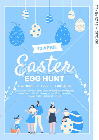 Families celebrating Easter egg hunt event with live music, food and fun games on april 12th, enjoying spring holiday with painted eggs and festive decorations 122948711