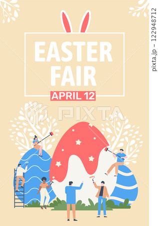 Tiny people painting and decorating giant easter eggs with paint rollers and brushes for easter fair event on april 12, easter celebration poster, spring holiday event 122948712