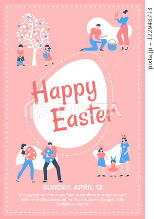 Families celebrating Easter Sunday, wearing bunny ears and picking colorful eggs from a tree while holding giant decorated eggs and filling a wicker basket, set against a pink background 122948713