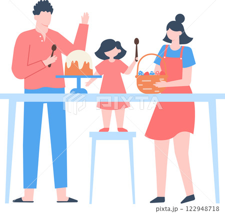 Happy family celebrating Easter, preparing the table with a traditional Easter cake and a basket of colorful eggs, enjoying a festive moment together Happy family celebrating Easter, preparing the table with a traditional Easter cake and a basket of colorful eggs, enjoying a festive moment together 122948718