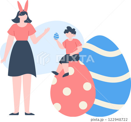 Mother wearing bunny ears and son holding a painted egg celebrating Easter, sitting on giant decorated Easter eggs, enjoying family time together during spring holidays 122948722