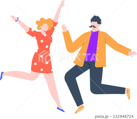 Energetic man and woman jumping joyfully in mid air, celebrating with arms raised high and bright smiles, radiating a sense of freedom, happiness, and playful excitement 122948724