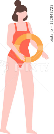 Lifeguard wearing a red swimsuit holding an orange and yellow lifebuoy, ensuring safety and providing assistance at the beach during summer season Lifeguard wearing a red swimsuit holding an orange and yellow lifebuoy, ensuring safety and providing assistance at the beach during summer season 122948725