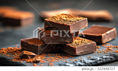 Freshly cut chocolate fudge squares stacked on dark slate surface Freshly cut chocolate fudge squares stacked on dark slate surface 122948727