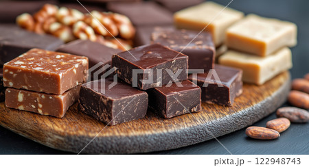 Luxurious platter of assorted chocolate fudge flavors, rich and indulgent 122948743