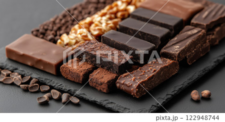 Luxurious platter of assorted chocolate fudge flavors, rich and indulgent 122948744