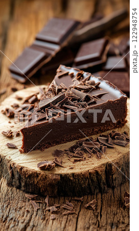 Decadent chocolate fudge slice on wooden board with chocolate shavings 122948754