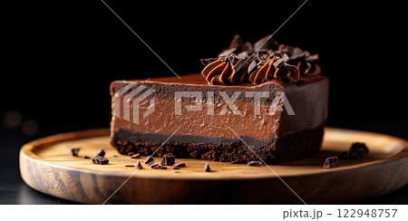 Decadent chocolate fudge cake slice on wooden plate, rich and creamy 122948757