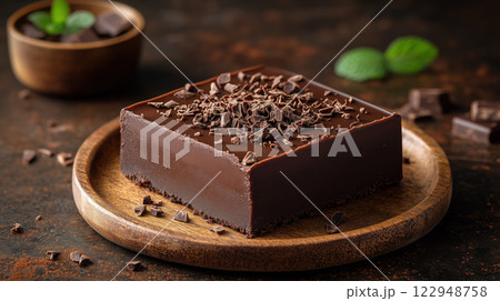 Decadent chocolate fudge slice topped with chocolate shavings and mint 122948758