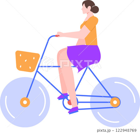 Young woman riding a blue bicycle with a front basket and colorful wheels, enjoying a healthy outdoor activity and promoting sustainable transportation 122948769