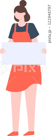 Illustration of a woman holding a blank sign, representing activism and protest. The character wears casual attire, symbolizing a peaceful demonstration or rally participation 122948797