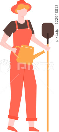 Female farmer is depicted holding a watering can and a shovel, symbolizing agricultural practices and the essential role of women in farming 122948812