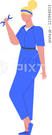 Illustration of a confident female mechanic in a blue jumpsuit, holding a wrench. Represents women in technical professions, emphasizing empowerment and gender diversity in the workforce 122948813