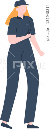 Delivery woman wearing a uniform and cap holding a walkie talkie, walking and delivering a package, full length portrait isolated on white background 122948814