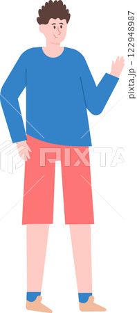 Full length illustration of a friendly young man with curly hair, wearing a blue long sleeved shirt, red shorts, and blue socks, waving his right hand in greeting, isolated on a white background Full length illustration of a friendly young man with curly hair, wearing a blue long sleeved shirt, red shorts, and blue socks, waving his right hand in greeting, isolated on a white background 122948987