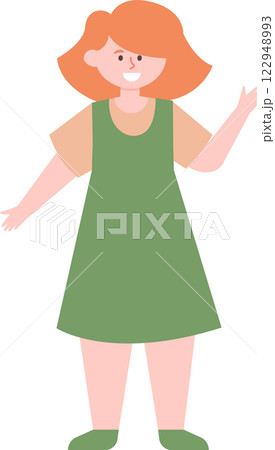 Full length vector illustration featuring a young woman with vibrant red hair, wearing a cheerful green apron, smiling and waving happily with her hand raised in a friendly greeting 122948993