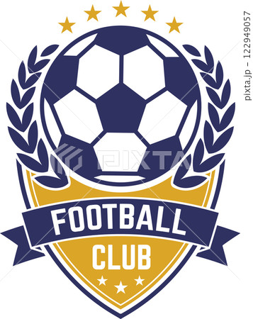 Stylish vector emblem for a football club featuring a ball, laurel wreath, five stars, and a ribbon banner with FOOTBALL CLUB in white on a blue background, perfect for sports branding Stylish vector emblem for a football club featuring a ball, laurel wreath, five stars, and a ribbon banner with FOOTBALL CLUB in white on a blue background, perfect for sports branding 122949057