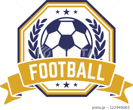 Football club logo with ball, laurel wreath and golden ribbon with stars, ideal for sport leagues, championships, competitions and tournaments Football club logo with ball, laurel wreath and golden ribbon with stars, ideal for sport leagues, championships, competitions and tournaments 122949063