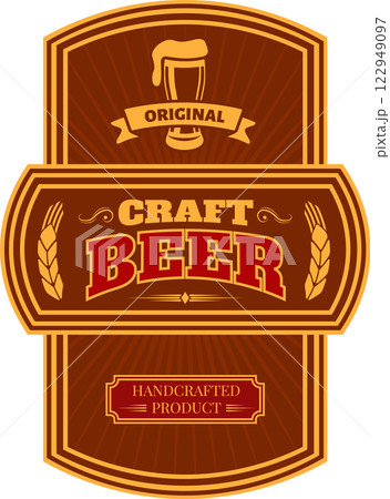 Brown and gold vintage label showcasing original craft beer, highlighting a full beer glass alongside wheat stalks and featuring the words handcrafted product in elegant typography 122949097