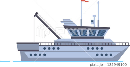 Large modern fishing boat sailing on the sea, commercial fishing ship with crane for seafood industry, side view vector illustration isolated on white background Large modern fishing boat sailing on the sea, commercial fishing ship with crane for seafood industry, side view vector illustration isolated on white background 122949100