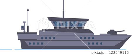 Powerful warship navigating on calm waters, featuring advanced radar technology and a mounted cannon, representing naval defense and maritime security Powerful warship navigating on calm waters, featuring advanced radar technology and a mounted cannon, representing naval defense and maritime security 122949116