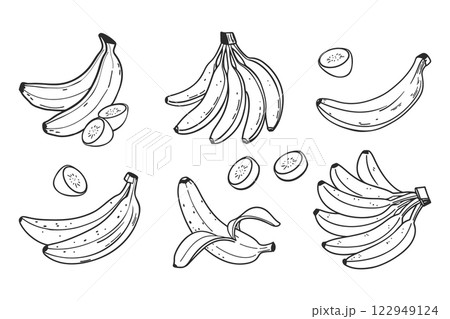 Banana set. Bananas, half peeled and slice banana, bunch of bananas. Exotic sweet desserts. Hand drawn illustration in sketch style. Banana set. Bananas, half peeled and slice banana, bunch of bananas. Exotic sweet desserts. Hand drawn illustration in sketch style. 122949124