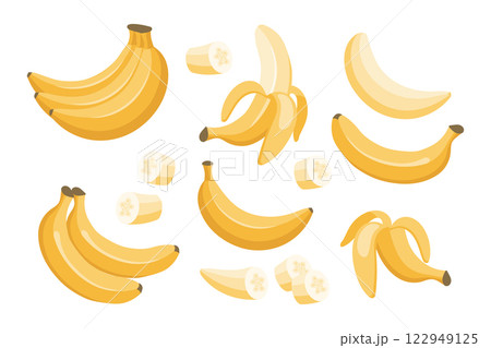 Banana set. Banana icons, half peeled and slice banana, bunch of bananas. Exotic sweet desserts.Tropical fruits illustration Banana set. Banana icons, half peeled and slice banana, bunch of bananas. Exotic sweet desserts.Tropical fruits illustration 122949125