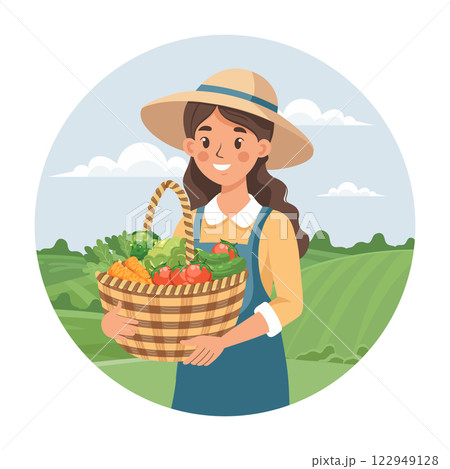 Happy woman farmer with a basket of fresh vegetables on a landscape background. Flat style illustration. Happy woman farmer with a basket of fresh vegetables on a landscape background. Flat style illustration. 122949128
