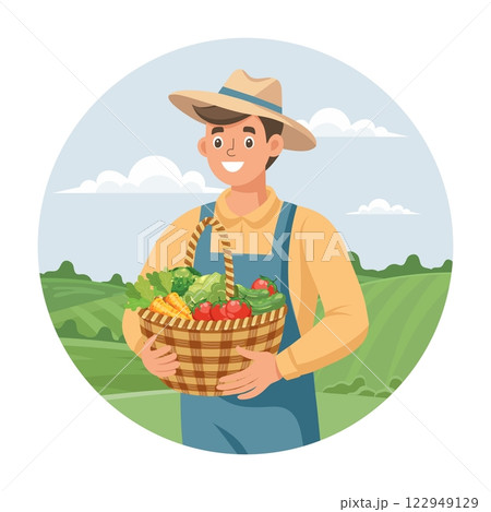 Happy farmer with a basket of fresh vegetables on a landscape background. Flat style illustration. Happy farmer with a basket of fresh vegetables on a landscape background. Flat style illustration. 122949129