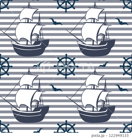 Nautical seamless pattern with ships, seagulls, steering wheels on a striped background. Background, print 122949133