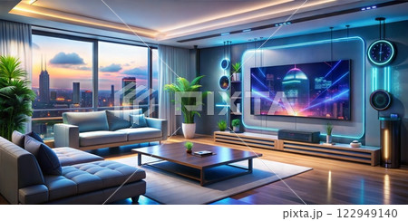 Futuristic Room with Neon Lighting, Sofa, and Large TV Screen 122949140