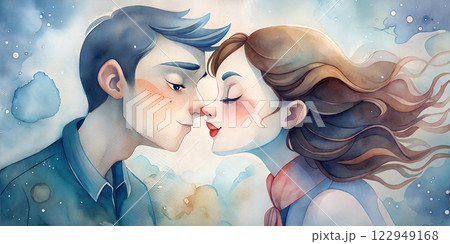 Romantic Watercolor Portrait of a Couple in a Tender Pre-Kiss Moment 122949168