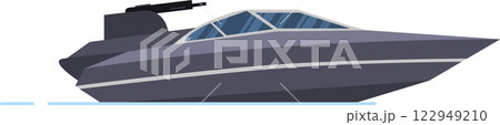 Side view of a modern military patrol boat sailing fast on the water, equipped with a machine gun, representing navy, coast guard, or maritime security operations Side view of a modern military patrol boat sailing fast on the water, equipped with a machine gun, representing navy, coast guard, or maritime security operations 122949210