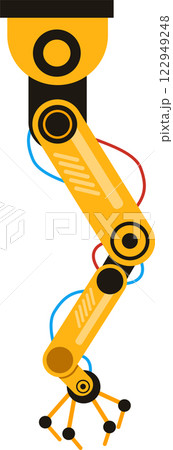 Yellow robotic arm performing handling operations in a manufacturing industry, featuring advanced machinery technology and precise factory machine movements Yellow robotic arm performing handling operations in a manufacturing industry, featuring advanced machinery technology and precise factory machine movements 122949248