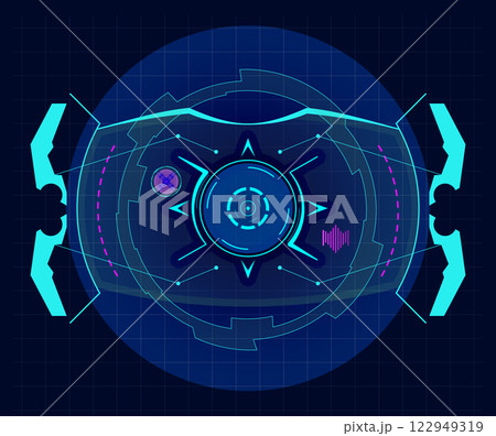 Futuristic virtual screen is showing a target tracking system with digital interface, analyzing data and scanning in a dark technological background Futuristic virtual screen is showing a target tracking system with digital interface, analyzing data and scanning in a dark technological background 122949319