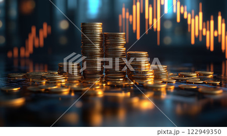 Stacks of gold coins with financial graph in background, symbolizing wealth 122949350