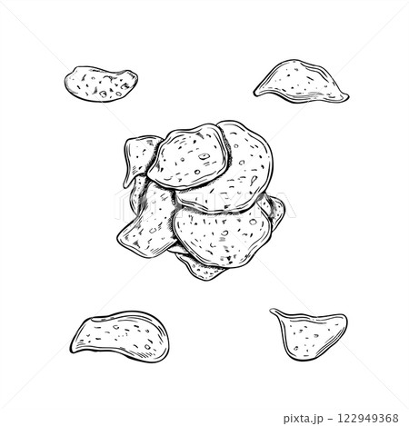 Crispy wavy potato chips pile and single chip vector illustration painted by black inks. Monochrome delicious crisps party fast food graphic sketch. Salty snack for cinema menu design, decor. 122949368